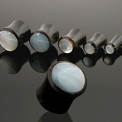 PAIR Mother of Pearl Inlaid Horn Plugs