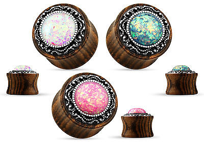 PAIR Synthetic Opal w/Tribal Pattern Casting Wood Saddle Plugs