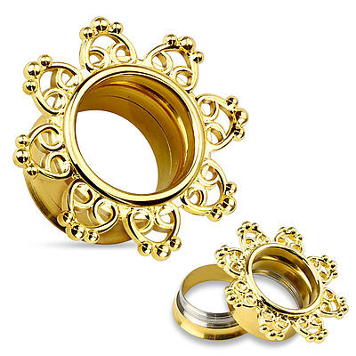 PAIR Gold Tribal Hearts Filigree Internally Threaded Double Flare Tunnels