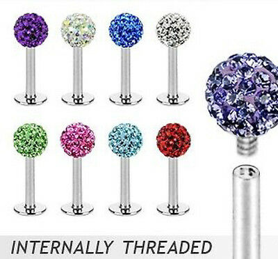 Internally Threaded Labret w/Ferido Crystal 3mm Gem Ball - CHOOSE YOUR COLOR