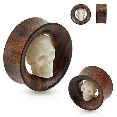 PAIR Carved Skull Inside Sono Wood Saddle Tunnels Plugs