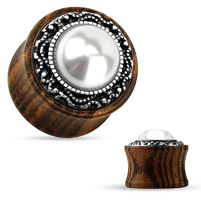 PAIR Imitation Pearl w/Tribal Pattern Casting Wood Plugs