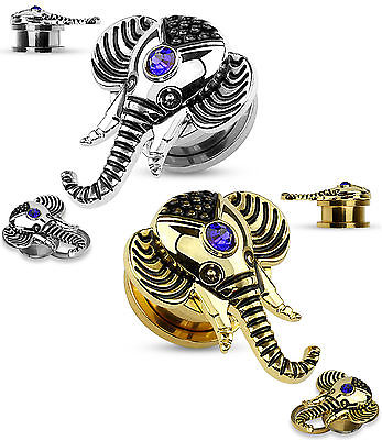 PAIR Gold or Steel Elephant Sapphire Blue Gem Screw Fit Tunnel Plugs