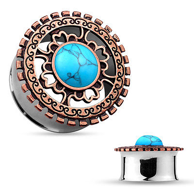 PAIR Bronze Plated Shield w/Turquoise Center Double Flare Steel Tunnels Plugs