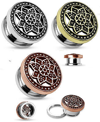 PAIR Tribal Lotus Top Steel Screw Fit Tunnels Plugs