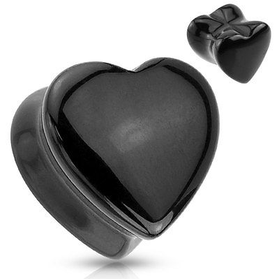 PAIR Heart Shaped Black Onyx Stone Plugs