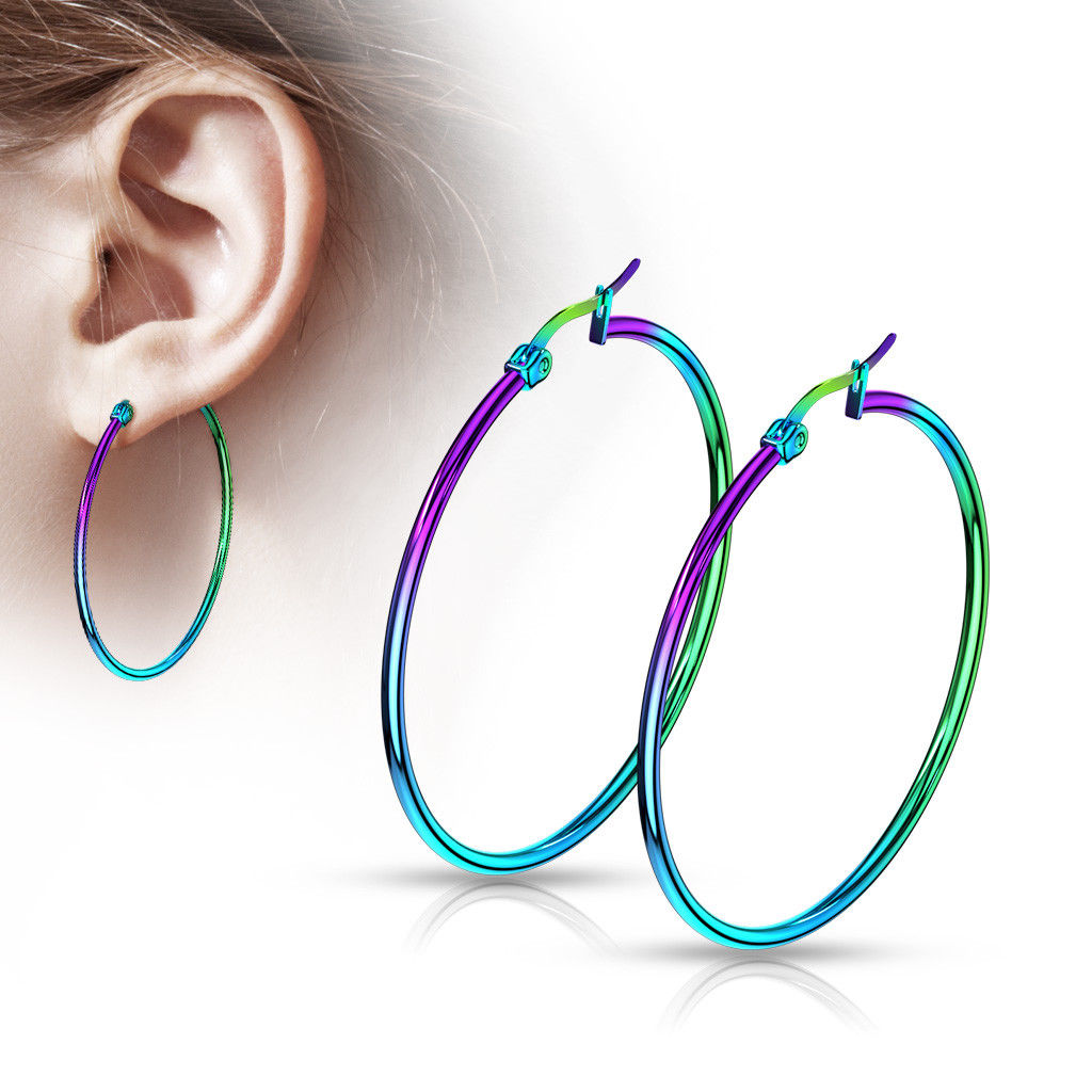 PAIR of Round Hoop Earrings 22g Rainbow Multi-color Ion Plated Stainless Steel