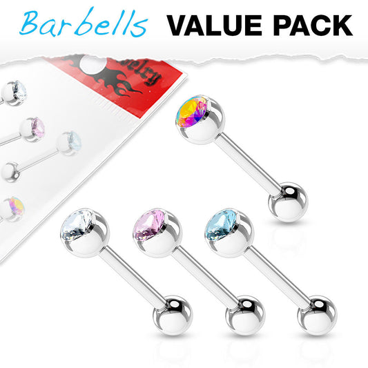 4pc Value Pack Gem Ball Steel Tongue Rings