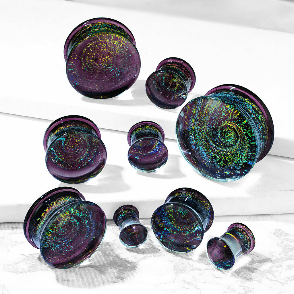 PAIR Purple Sparkle Galaxy Swirl Design Pyrex Glass Plugs Gauges Body Jewelry