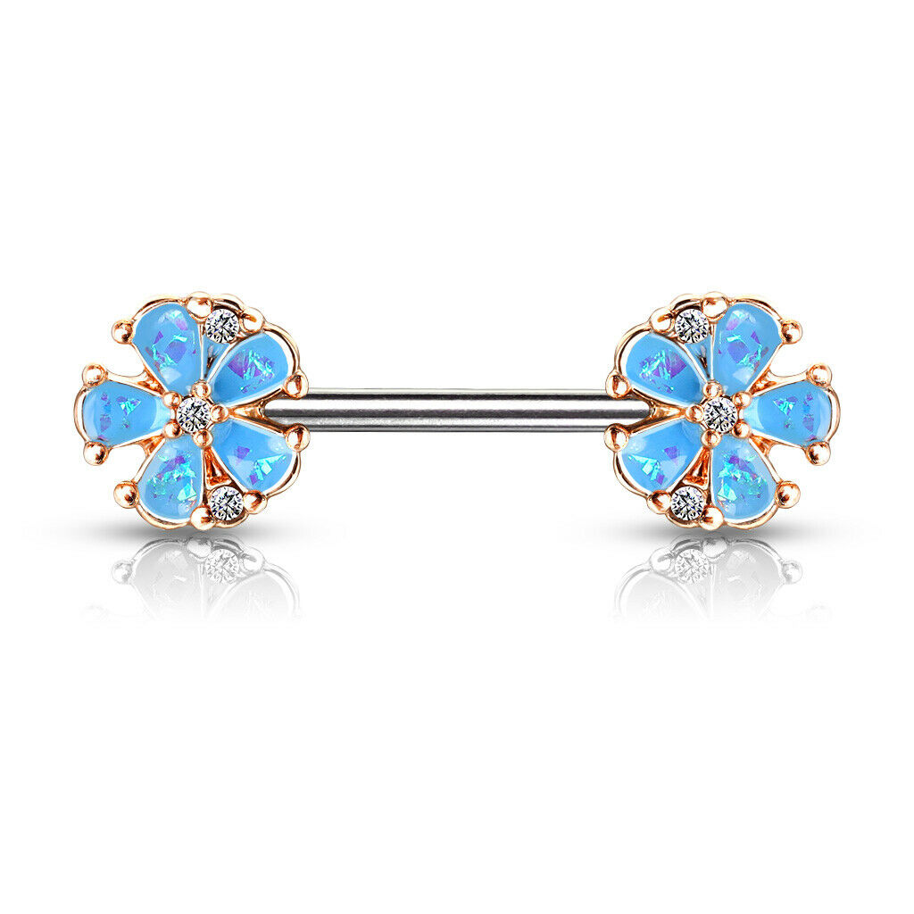 PAIR Opal Glitter Flower Petals Nipple Rings Rose Gold Shields Barbells