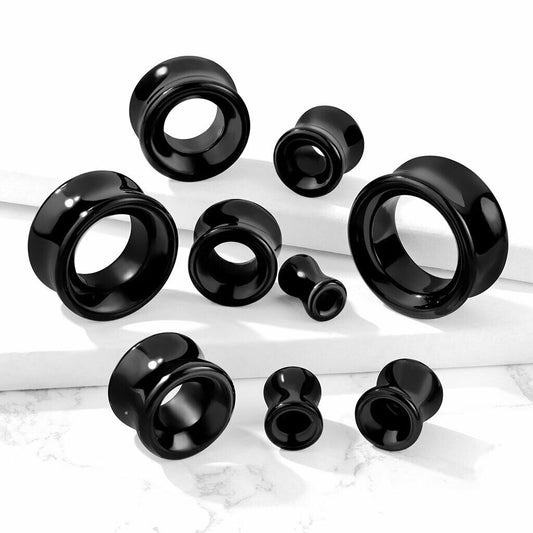 PAIR Black Agate Organic Stone Tunnels Double Flare Plugs Earlets Gauges