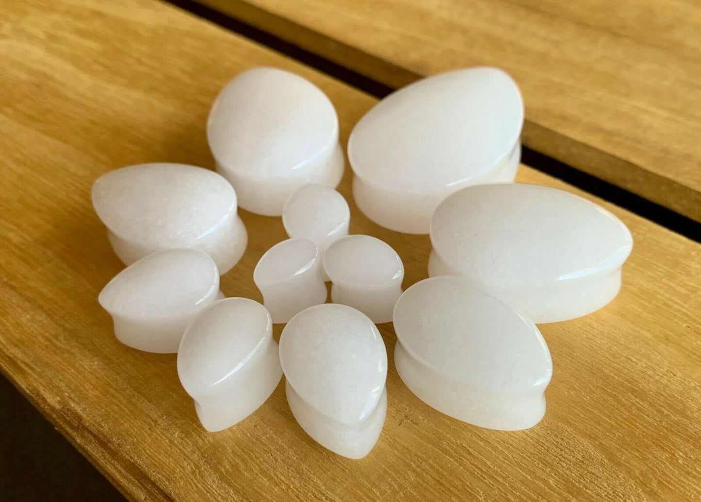 PAIR Teardrop White Jade Stone Plugs Tear Drop Ear Piercing Earlets Gauges