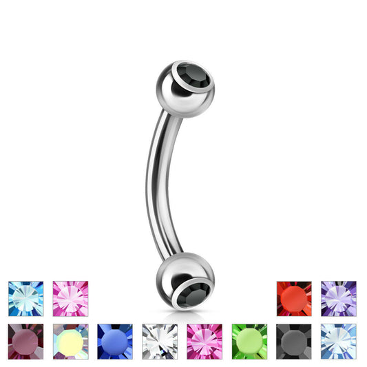 1pc Double Press-Fit CZ Gem Curved Barbell Eyebrow Ring, 14g or 16g