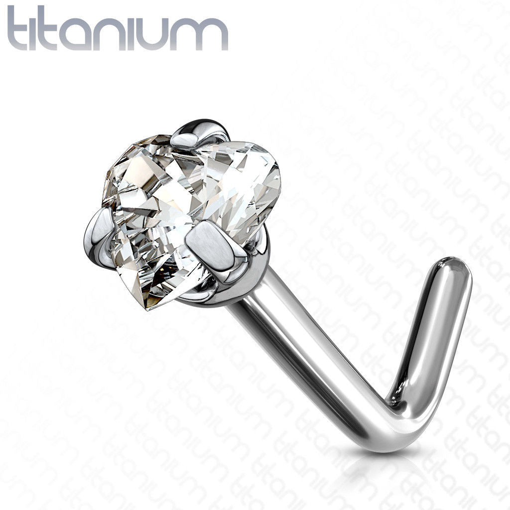1pc Solid Grade 23 Titanium L-Bend Nose Ring w/ Heart CZ Gem