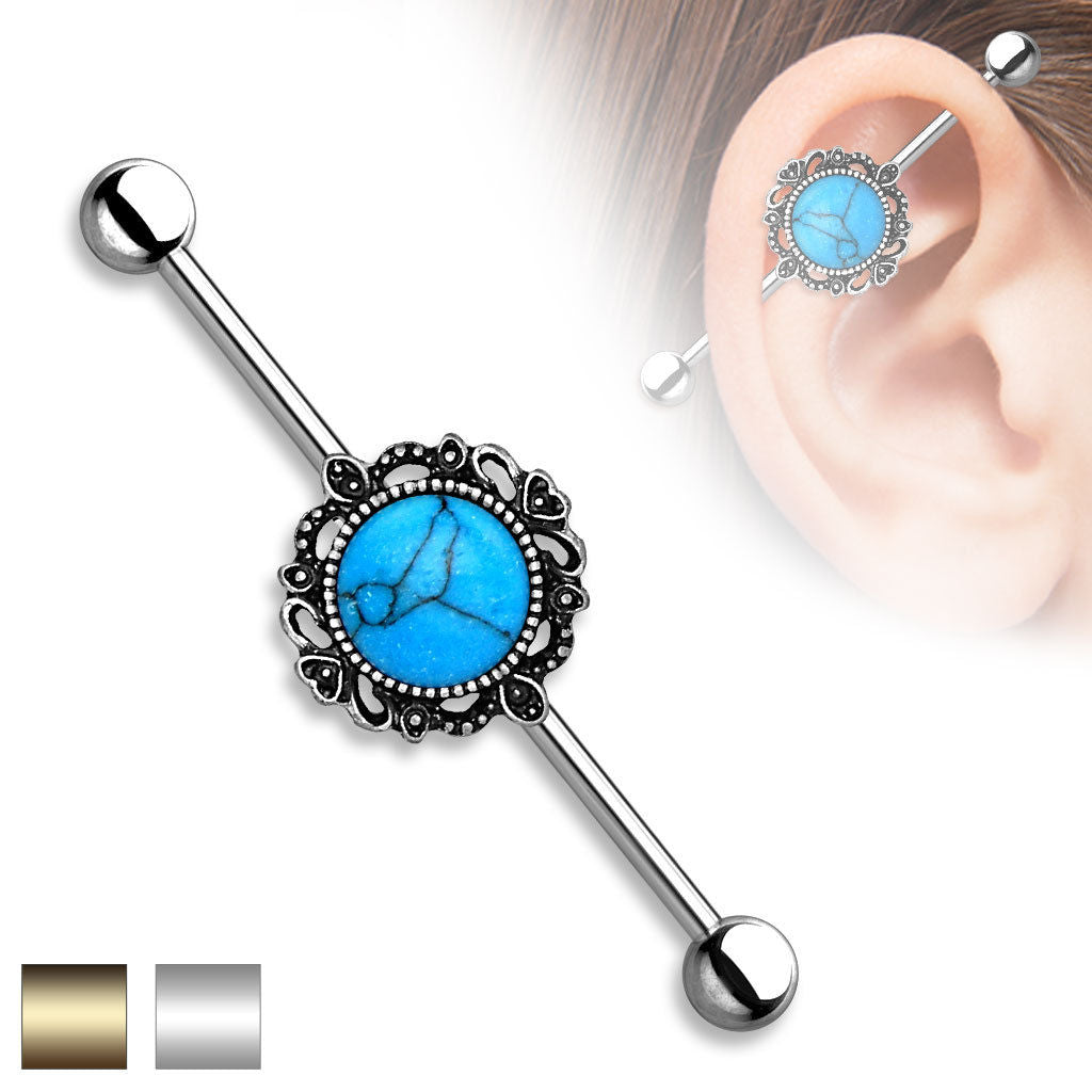 1pc Turquoise Lacey Filigree Industrial Barbell