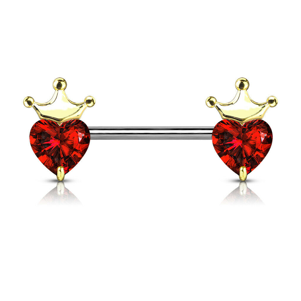 PAIR Heart Crystal Gems w/ Crown Nipple Rings Shields Steel Barbells