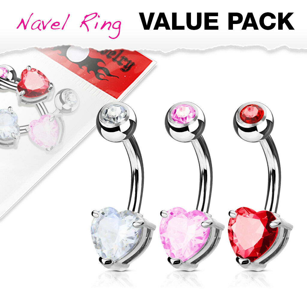 3pc Value Pack Heart Prong Set CZ Gem Surgical Steel Belly Rings Navel Naval