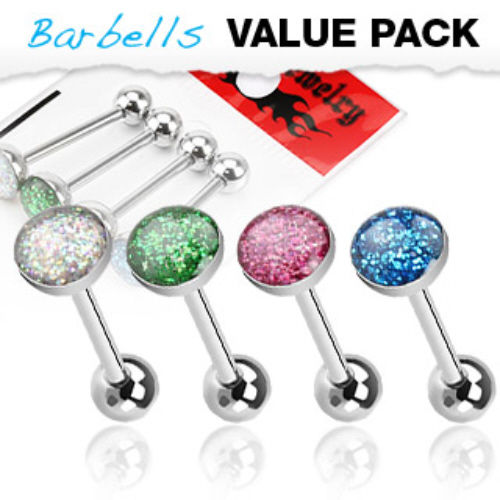 4pc Value Pack Glitter Ball Steel Tongue Rings