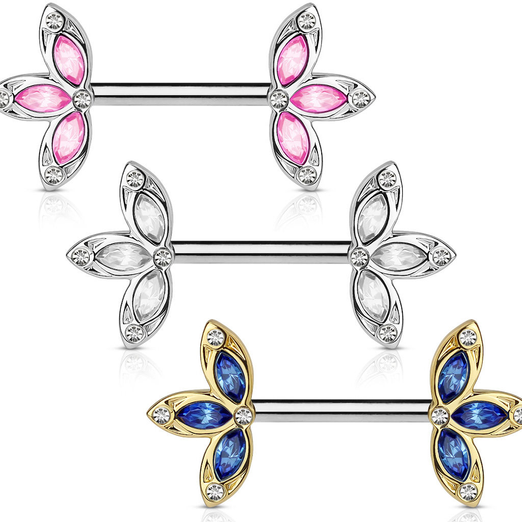 PAIR Crystal Set Three Petal Flower Ends Nipple Rings Shields