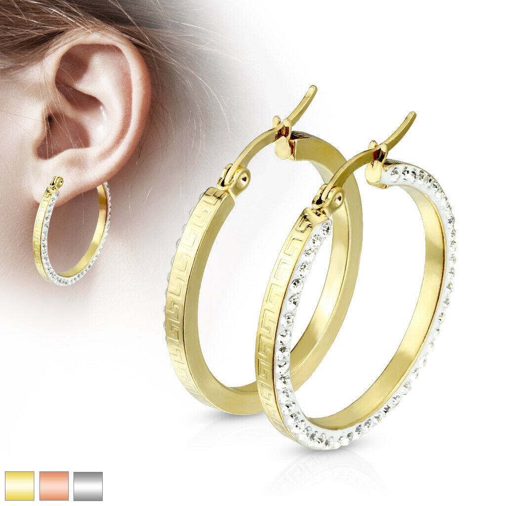 PAIR of Maze Hoop w/ Crystal Gem Paved Outer Side Earrings 20g Stainless Steel