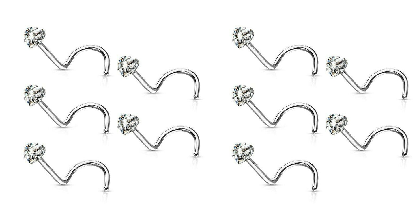10pcs Prong Set Clear Heart Gem Nose Ring Screws 18g 20g Wholesale Body Jewelry