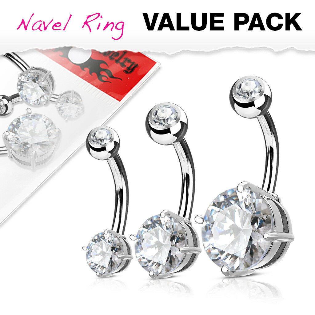 3pc Value Pack 5mm, 7mm, 10mm Prong Set Round CZ Gem Belly Rings Navel Naval
