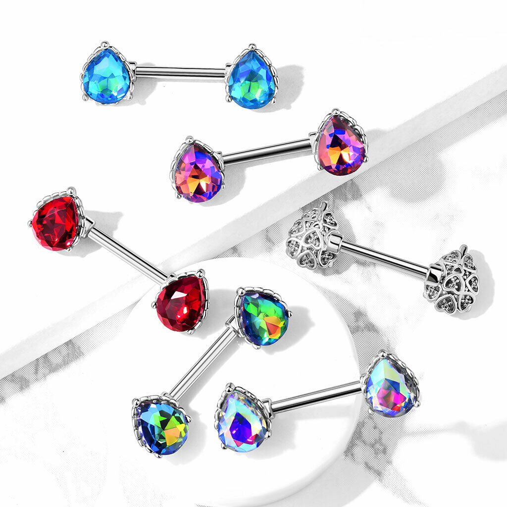 PAIR Aurora Borealis Effect Crystal Gem Tear Drop Nipple Rings Shield Barbells