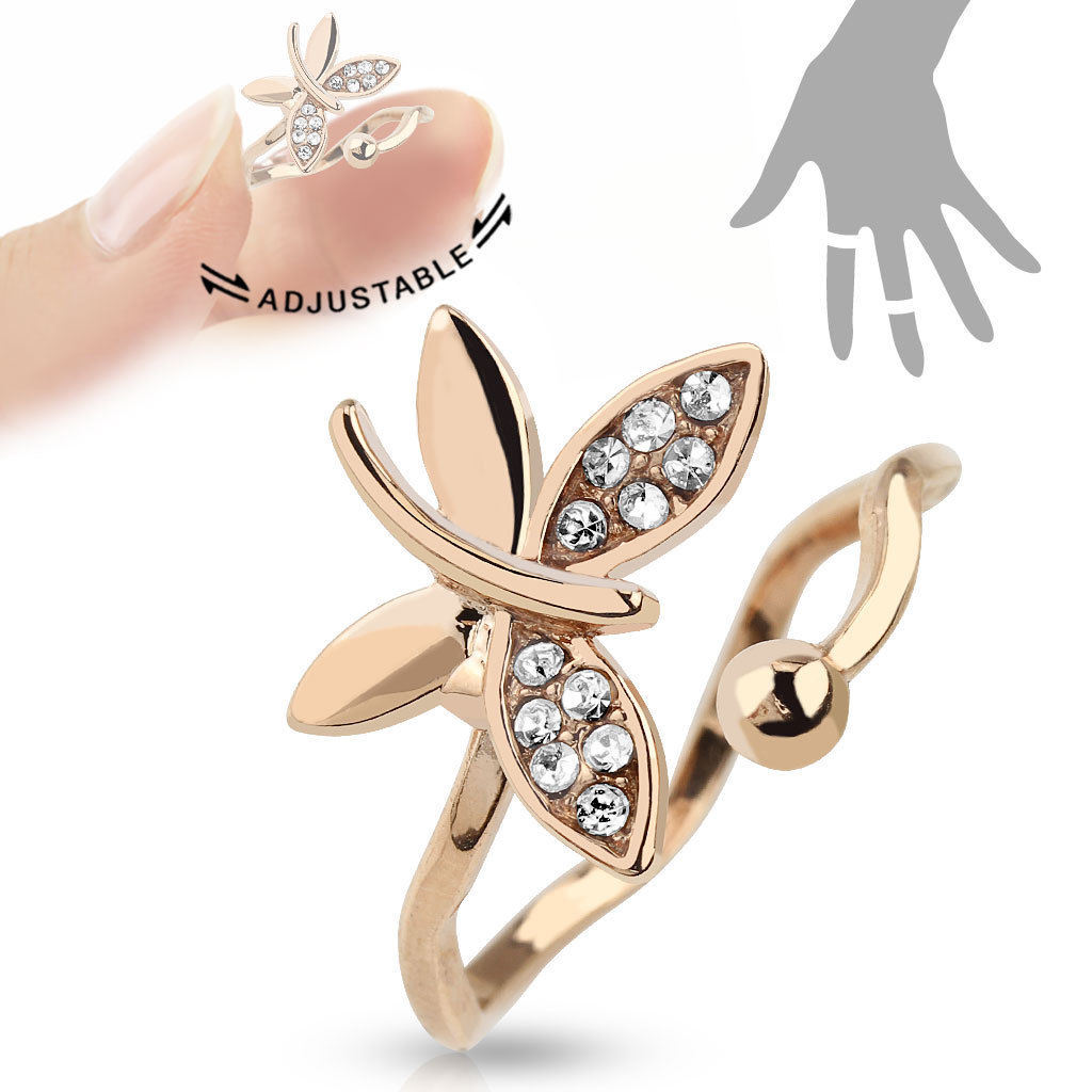 Multi-Paved CZ Gem Butterfly Adjustable Mid Ring / Toe Ring