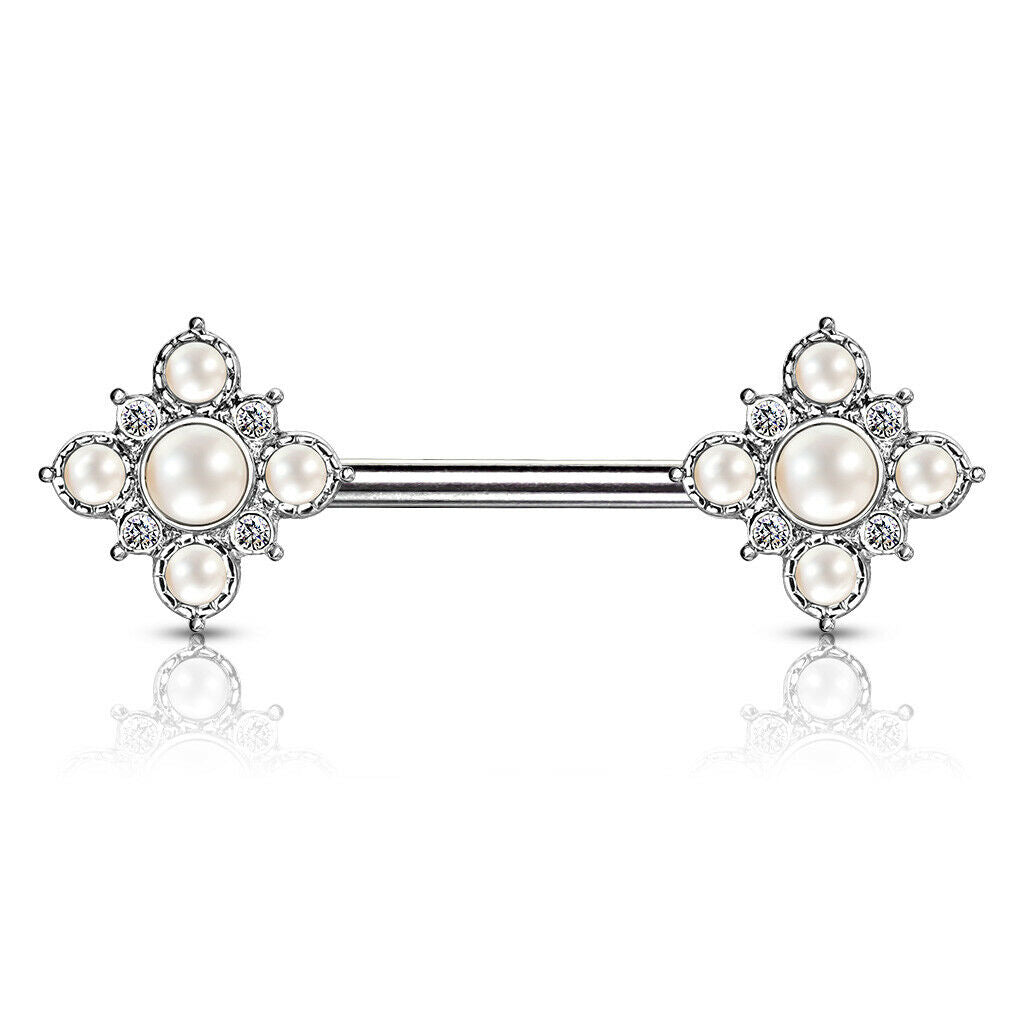 PAIR Pearl & Crystal Paved Flower Ends Nipple Rings Shields Vintage Barbells