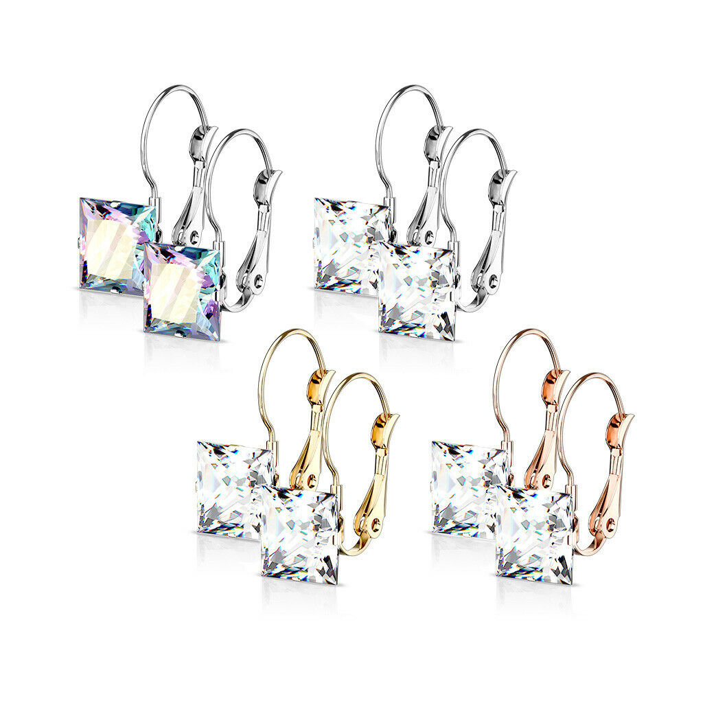 PAIR of Square CZ Gem Earrings w/ Lever Back 20g 316L Stainless Steel