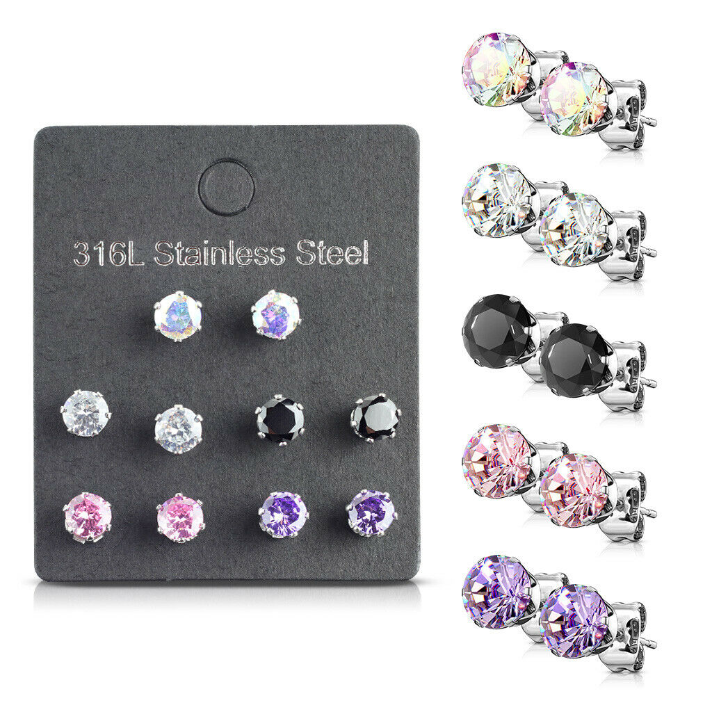 5 PAIRS CZ Gem Stud Earrings 316L Stainless Steel retail / display peggable card
