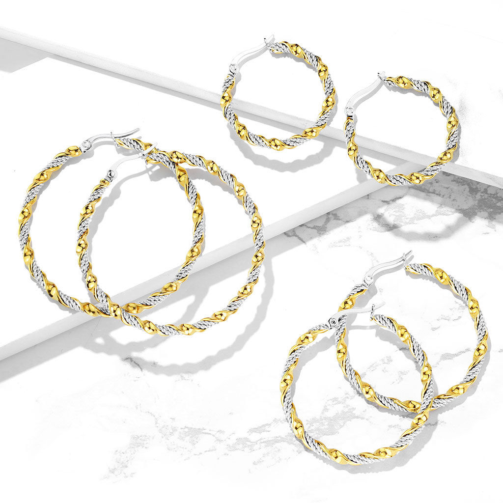 PAIR of Braided Twist Style Hoop Earrings 22g Gold Ion Plated Stainless Steel