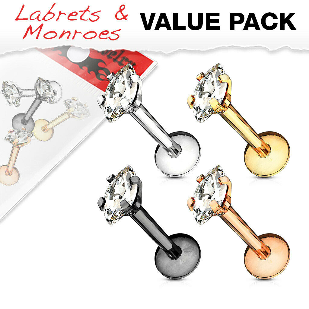 4pc Value Pack Prong Set Marquise Gem Labrets Cartilage Stud Internally Threaded