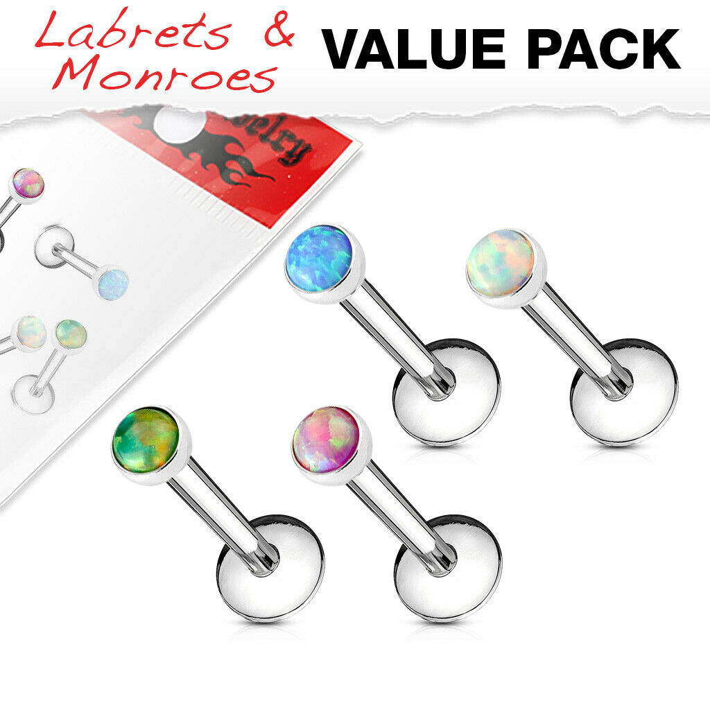 4pc Value Pack Opal Internally Threaded Steel Cartilage Studs Labrets / Monroes