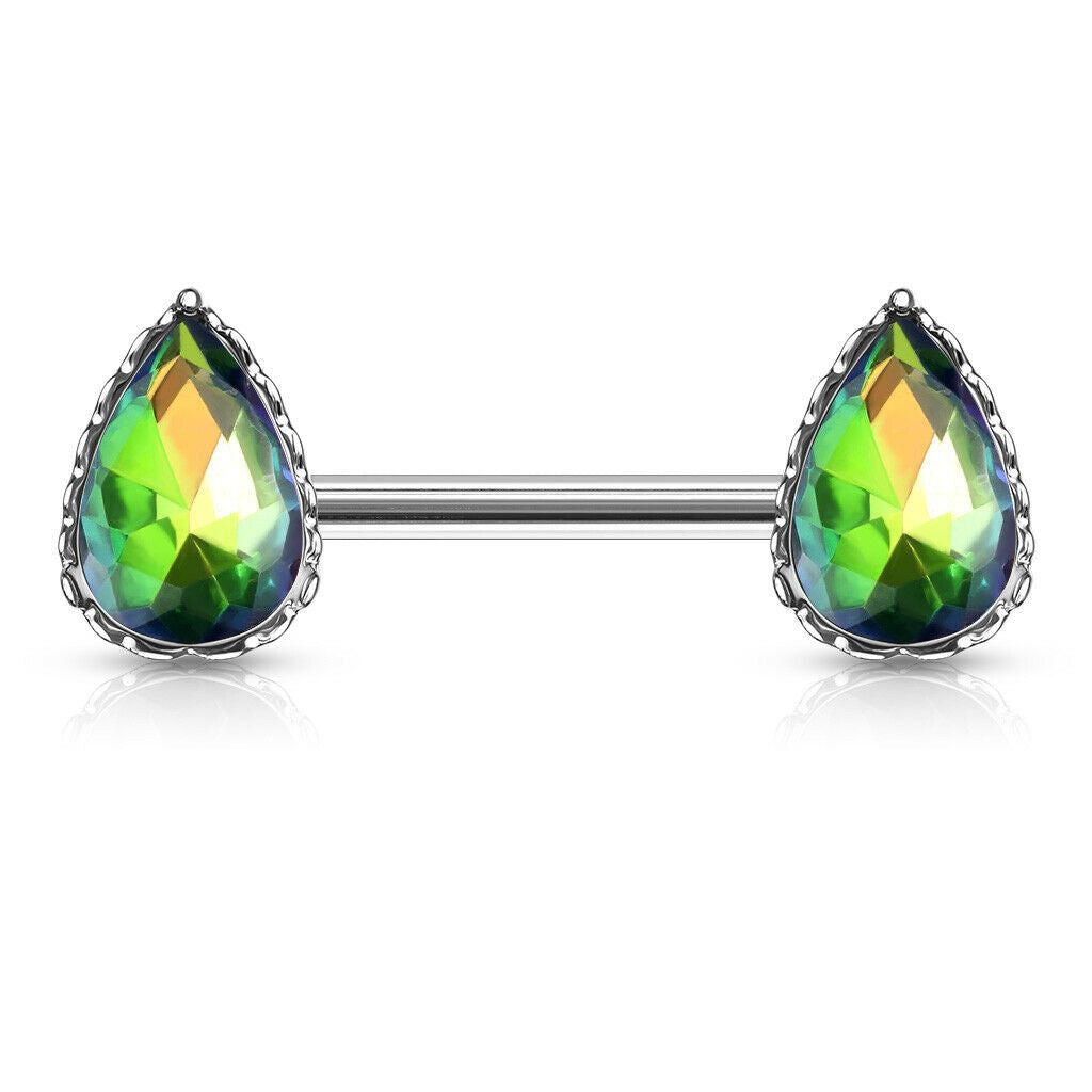 PAIR Aurora Borealis Effect Crystal Gem Tear Drop Nipple Rings Shield Barbells