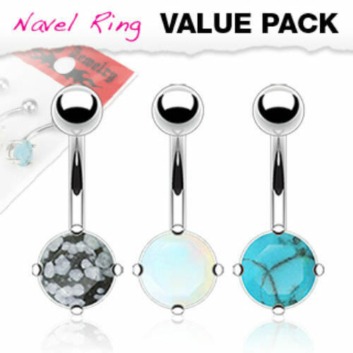 3pc Value Pack Stone Solitaire Surgical Steel Belly Ring Pierced Navel Naval