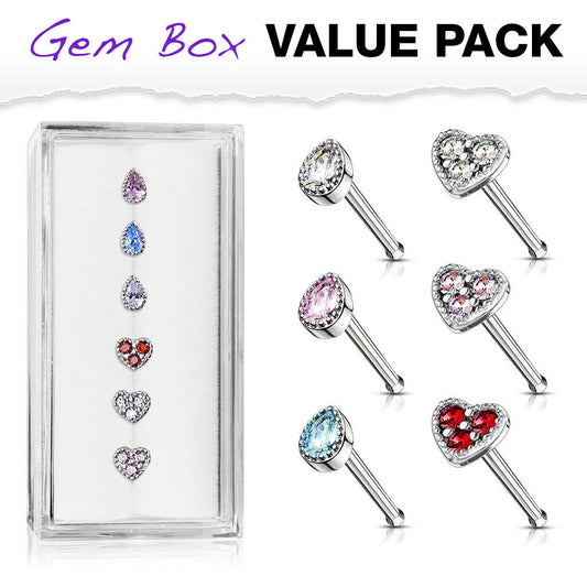 6pcs Tear Drop & Heart CZ Gem Nose Stud Bone Rings 20g Steel Box Value Pack