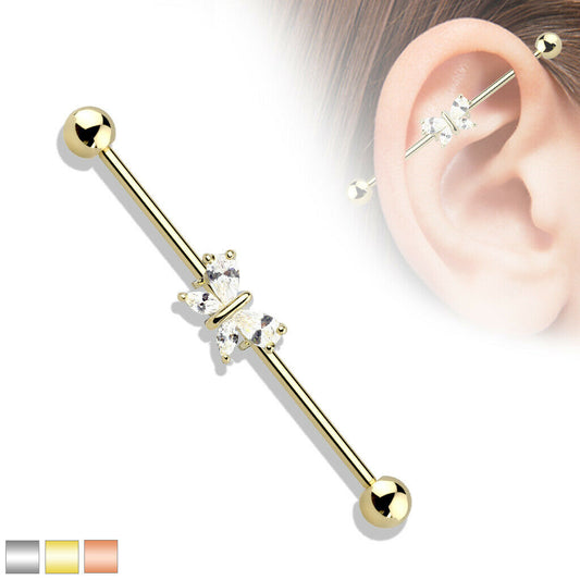 1pc CZ Gem Butterfly Industrial Barbell 38mm, 1.5", 1 & 1/2 inch inches
