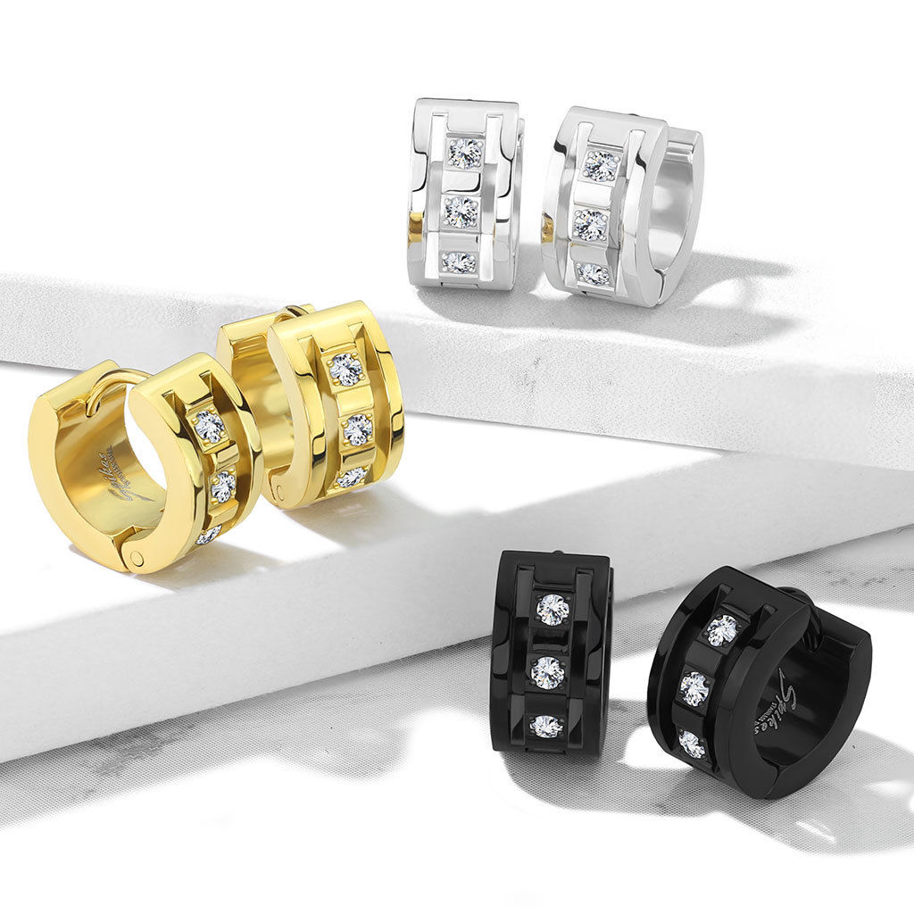 PAIR of Hoop Hinged Huggie Earrings 3 CNC Set CZ Gems