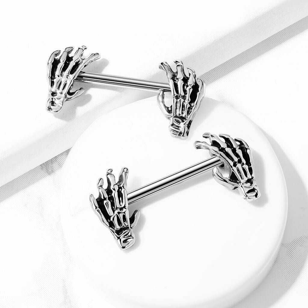 PAIR Nipple Shields Skull Hand Ends Body Jewelry Surgical Steel Barbell Rings