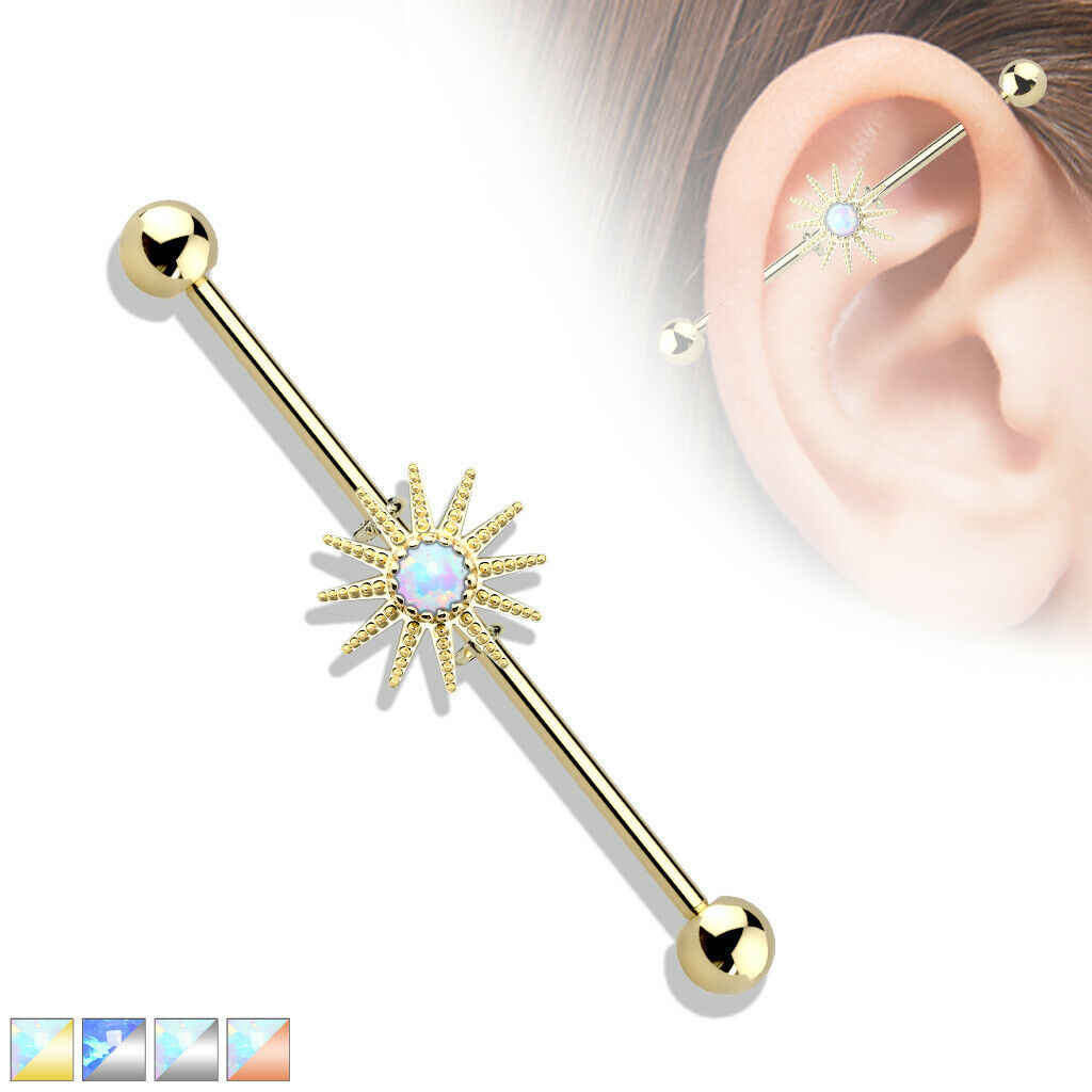 1pc Opal Center Sunburst Industrial Barbell Sun 38mm, 1.5", 1 & 1/2 inch inches