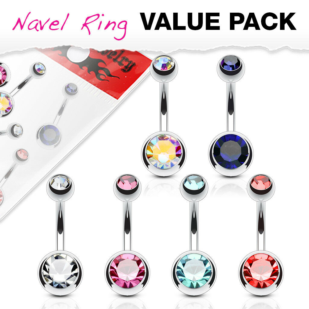 6pc Value Pack Double Gem Belly Rings 14g Navel Naval Body Jewelry