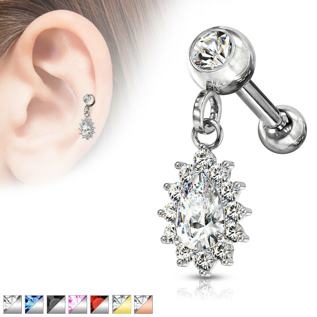 1pc CZ Gem Pear Dangle Surgical Steel Tragus Cartilage Barbell Ring 16g 1/4