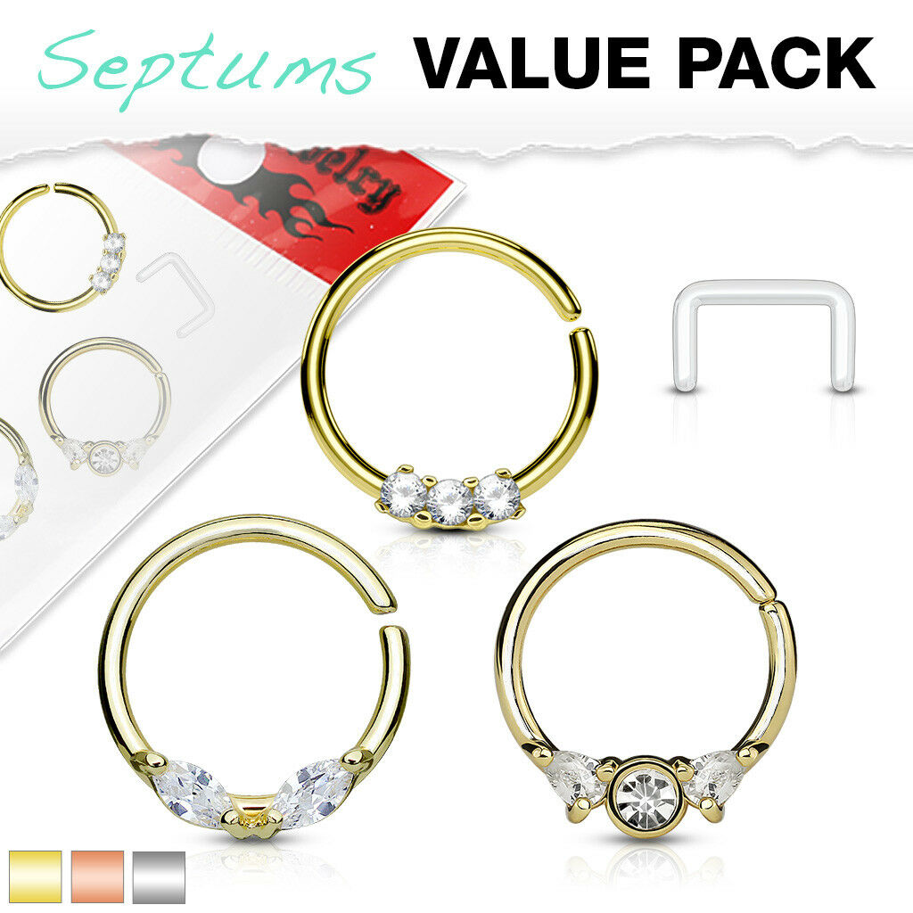 3pc Value Pack: 16g Bendable CZ Gem Septum / Cartilage Rings, w/free Retainer!