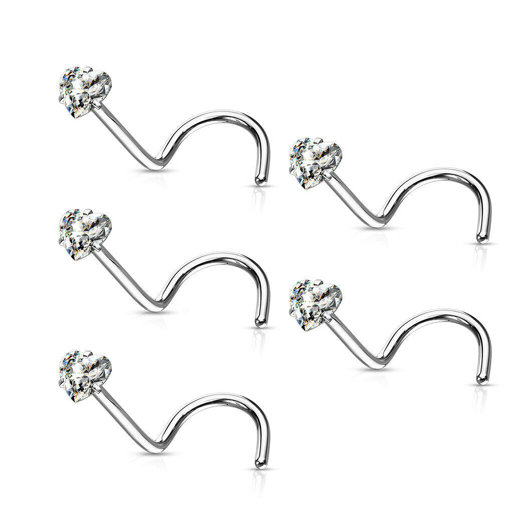 10pcs Prong Set Clear Heart Gem Nose Ring Screws 18g 20g Wholesale Body Jewelry