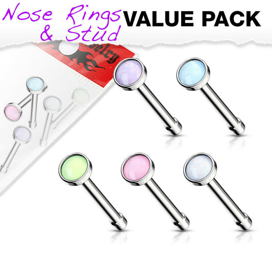 5pcs Illuminating Stone 20g Nose Rings Studs Bones Surgical Steel Value Pack