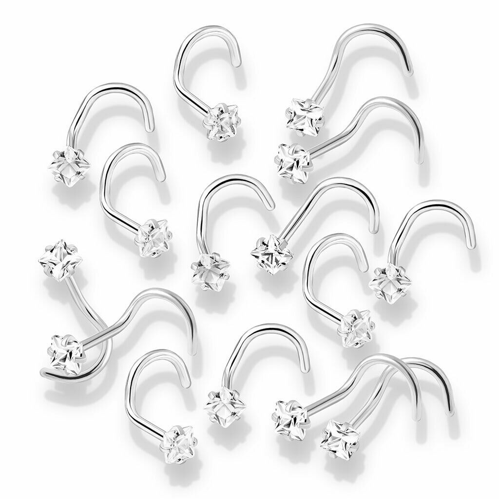 10pcs Prong Set Clear Square Gem Nose Ring Screws 18g 20g Wholesale Body Jewelry