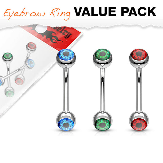3pc Value Pack Eyeball Eyebrow Rings 16g 8mm 5/16" Eye Ball Body Jewelry