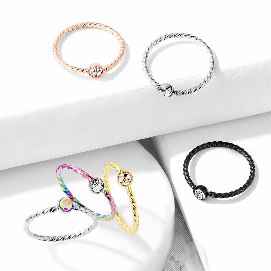 1pc Bendable Steel Twisted Rope Gem Nose Hoop Cartilage Ring Rook Daith Helix