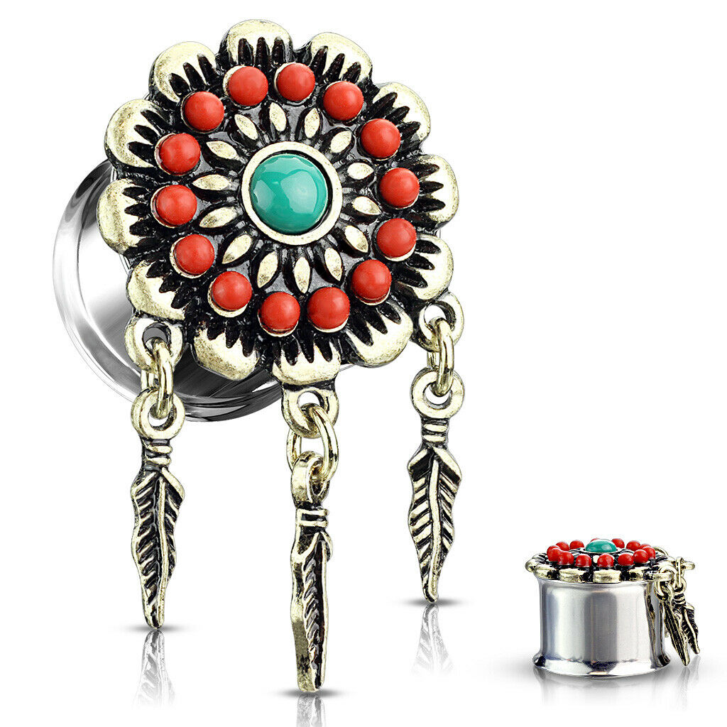 PAIR Red & Turquoise Flower w/ Feather Dangles Double Flare Tunnel Plugs Gauges